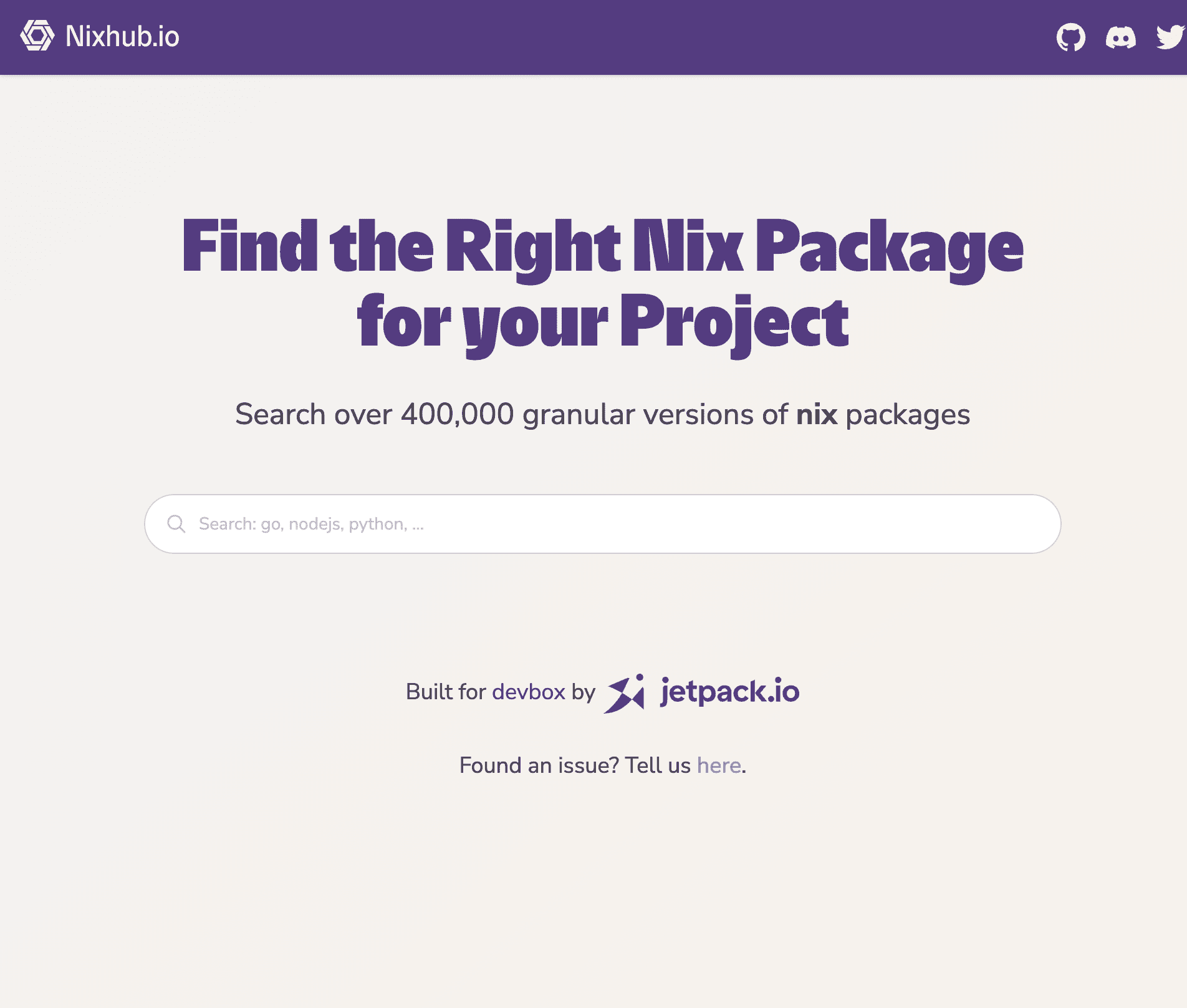 Nixhub.io main page including a search bar and title